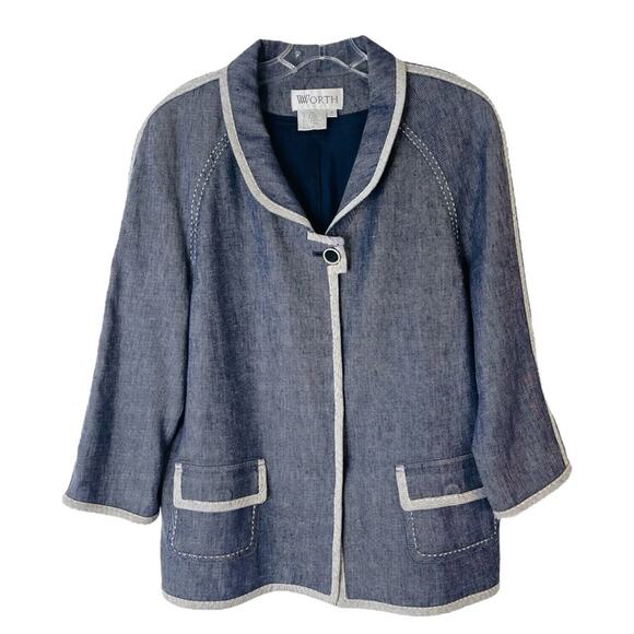 Worth blue white linen coastal lagenlook snap pocket jacket 6 - Picture 1 of 6